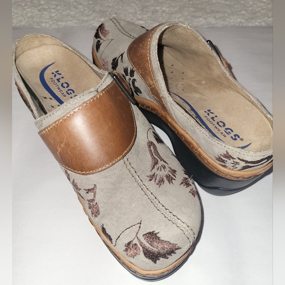 Klogs Austin Brown Tan Floral Clogs Mules Size 7W Non Slip Leather Upper - Picture 4 of 10